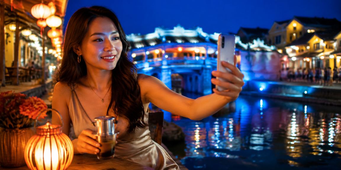 Người dùng trải nghiệm casino di động tại Hội An với điện thoại và ly cà phê